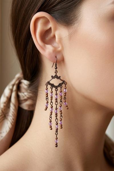 PETEK AKSESUAR Crystal Ethnic Model Fan Earrings 11 Cm.