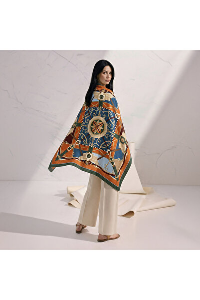 BBDBOUTIQUE Kemerli Miras-Kemer Desenli Turuncu-Yeşil-Mavi İpek Twill Eşarp 110