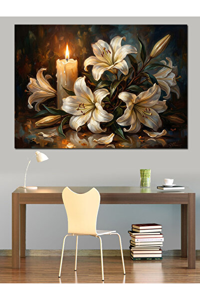 Artmeg Pânză decorativă cu flori de crin alb la lumina lumânărilor - Tablou d...