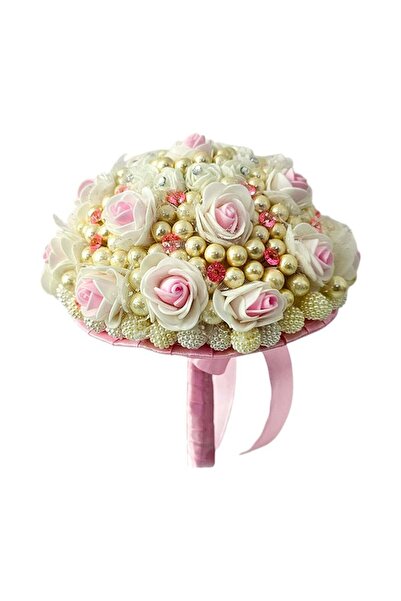 velve Κομψό μπουκέτο νυφικό ρουζ βασιλικού τόνου με τριαντάφυλλα, πέρλες και ...