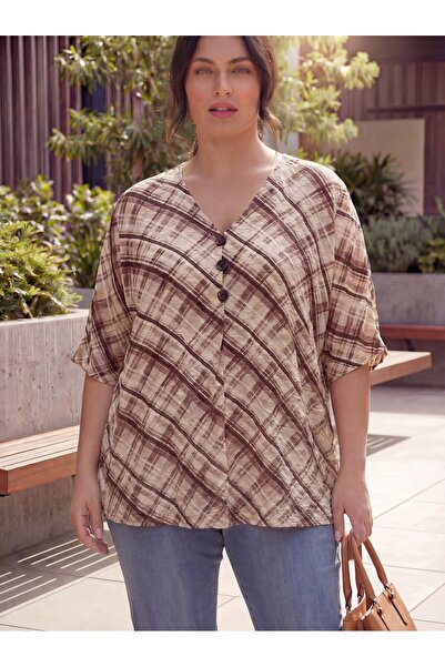 RMG Γυναικεία μπλούζα με καρό σχέδιο σε μεγάλο μέγεθος, καφέ