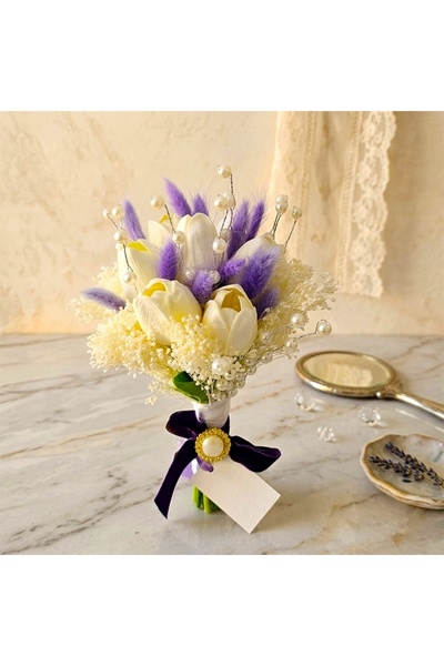 velve Κομψό μπουκέτο ανθών με αφέψημα λεβάντας, τεχνητά ανθισμένα τουλίπες, λ...