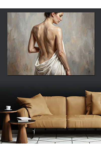 Artmeg White Covered Woman Facing Backwards Decorative Canvas - Mdf Wooden Table