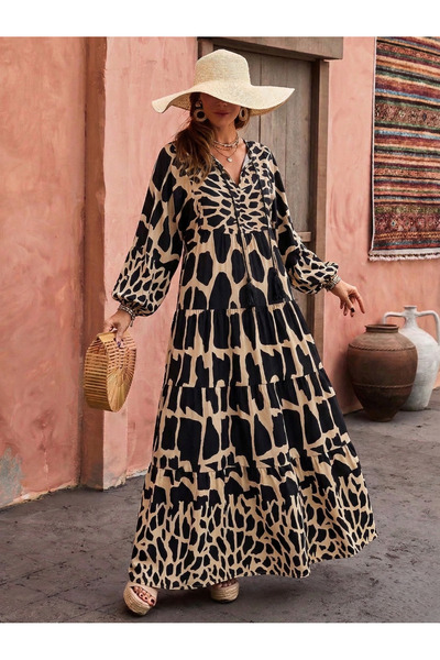 mass fashion Kadın Püskül Detaylı Maxi Boy Uzun Kollu Viskon Elbise