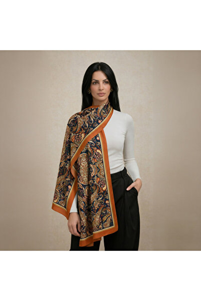 Saray Şalı (Paisley & Floral)-Turuncu ve Yeşil-Lacivert Paisley Çiçeksi Desenli Şal
