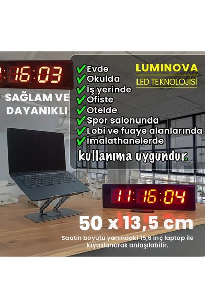 UpWay 50x13,5 Kumandalı Büyük Dijital Duvar Saati – Kronometre - Geri Sayım Luminova LED Teknolojisi