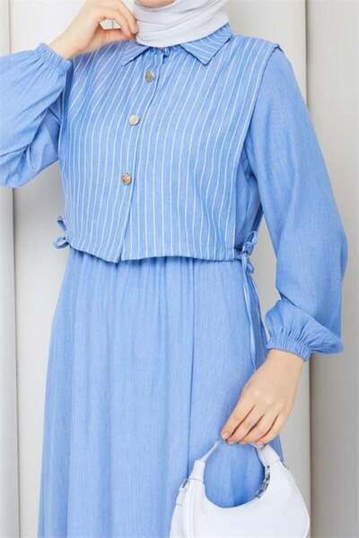 Dipmoda Γυναικείο μπλε πουκάμισο με λεπτομέρειες, μάξι μήκους, ριγέ φόρεμα χι...