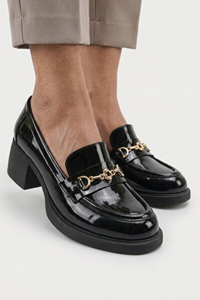 GRADA Μαύρα λουστρίνια γνήσια δερμάτινα γυναικεία παπούτσια με τακούνι, χρυσή...