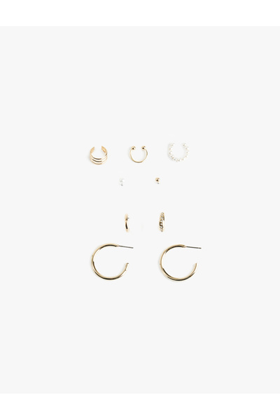 Koton Stone and Pearl Detailed Steel Hoop and Cartilage Earring Set