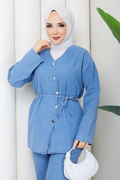 Dipmoda Women's Blue Buttoned Belt Detailed Double Denim Hijab Set Dpft010
