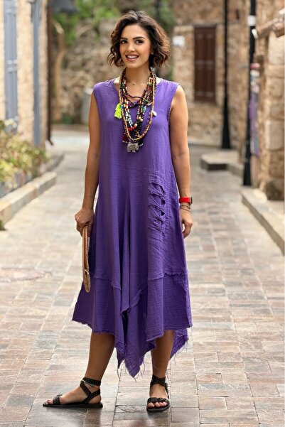 Nevin Kaya Moda Μωβ φόρεμα μουσελίνας με λεπτομέρεια σκισμένης τσέπης