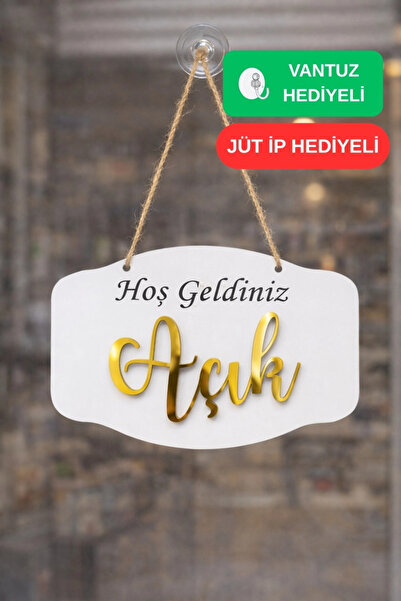 Kutaydan Gold Pleksi Detaylı 3D Ahşap Açık-Kapalı Tabelası - Beyaz