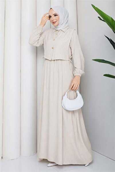 Dipmoda Γυναικείο μπεζ πουκάμισο με λεπτομέρειες, μάξι μήκους, ριγέ, με χιτζά...