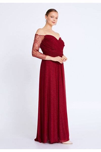 Sienna Fashion Κομψό μπορντό μακρύ φόρεμα με λαμπερές απλικέ Ζόγια