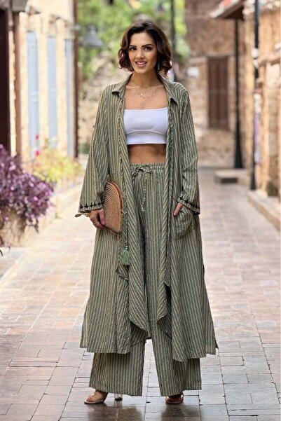 Nevin Kaya Moda Χακί Κεντημένο Σετ Δύο Τεμαχίων από 100% Βαμβάκι με Σχέδιο Ελιάς