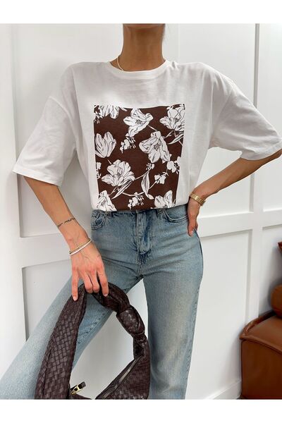 yeditepe fashion Μπλουζάκι με λαιμόκοψη ποδηλάτου, υπερμεγέθη, με φλοράλ σχέδιο