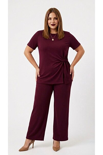 Koza Butik Γυναικείο σετ φόρμας μεγάλου μεγέθους με κοντά μανίκια και κόμπους...