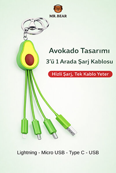 MR.BEAR Avokado Figürlü Çoklu Şarj Kablosu ve AnahtarlıkIphone ve Android Uyumlu