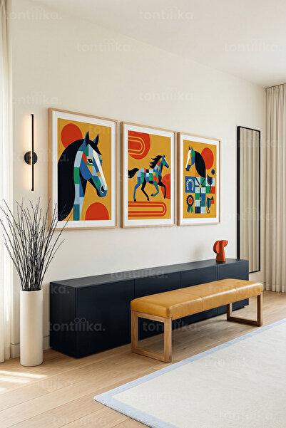 Tontilika Modern Geometrik At Temalı 3’lü Ahşap Çerçeveli Tablo Seti