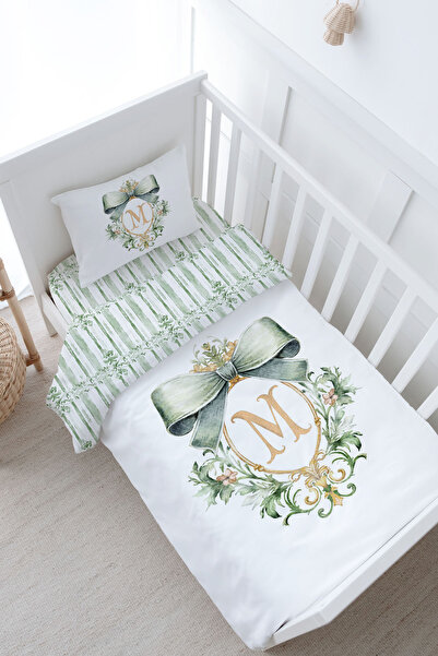 Tuğba Kuğu Baby Size Duvet Cover Set (100X150) - Green Royal Series - Letter m