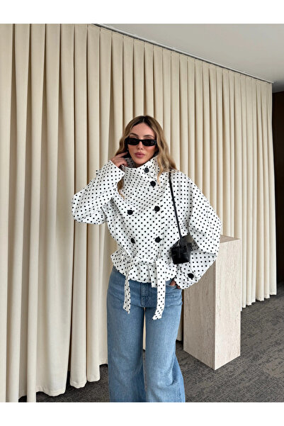 Laluvia Λευκή καμπαρντίνα Conti με πουά και ζώνη - 503357