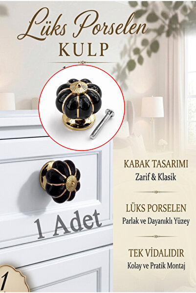 Badem10 Pumpkin Royal Siyah Yaldız Gold Renk Porselen Düğme Kulp Mobilya Çekm...