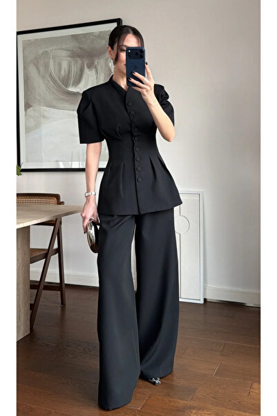 My Blog Μαύρο Σετ Ρούχων με Μανίκια Μπαλόνι και Εφαρμογή στη Μέση - 1704