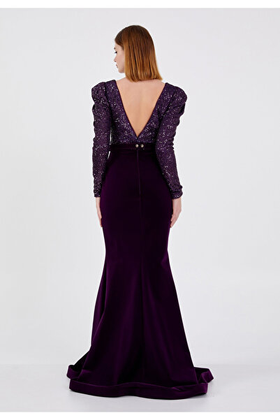 Sienna Fashion Ροξάννε Μακρύ Μωβ Βελούδινο Φόρεμα