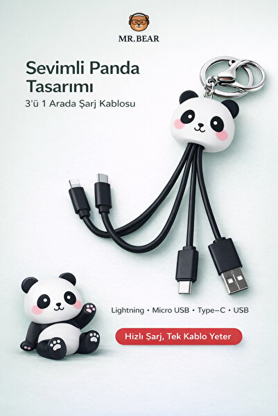 MR.BEAR Panda Figürlü Çoklu Şarj Kablosu ve AnahtarlıkIphone ve Android Uyuml...