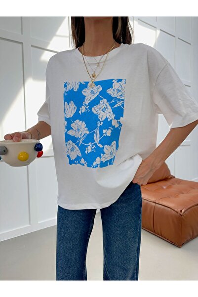 yeditepe fashion Crew Neck Oversize Floral Patterned T-Shirt