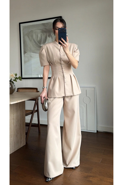 My Blog Beige Balloon Sleeve Waist-Sitting Suit - 1704