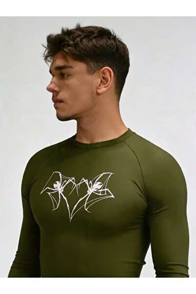 Yokedwear kalp örümcek Uzun Kollu Comporession Dar / Slim Dik Yaka Tişört haki
