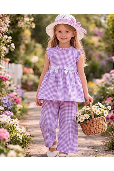KOZADANKIDS Kız çocuk pötikareli takım-şapkalı yazlık 3 lü set