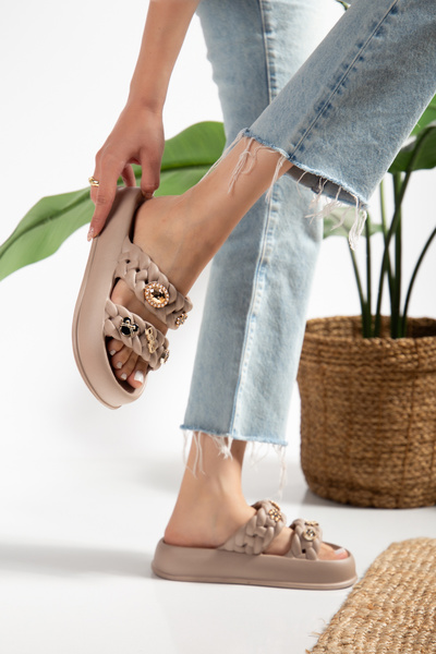 PLN SHOES Women's Stoned Knitted Patterned Mink Daily Beach Sea Pool Slippers