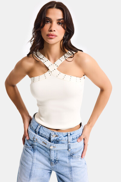 it's basic Γυναικείο κορμάκι σε χρώμα εκρού s6-101 με λεπτομέρεια από γυαλιστ...