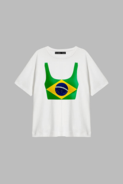 CİNEMA MODA Γυναικείο μπλουζάκι Brasil Crop με στάμπα, σε χαλαρή εφαρμογή, λευκό
