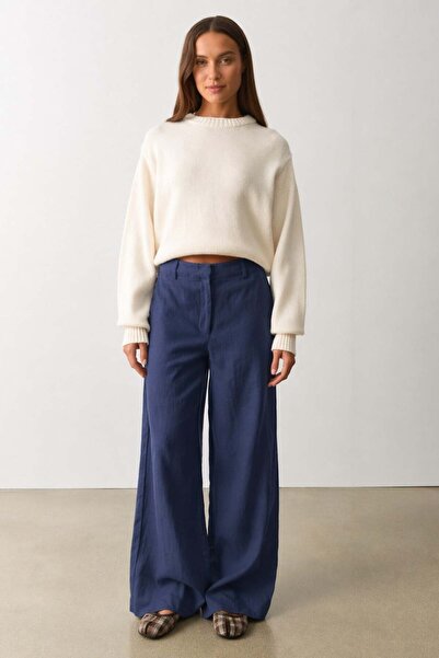 Madmext Ίντιγκο Παντελόνι Λινό Ψηλόμεσο με Φαρδιά Μπατζάκια MG2718