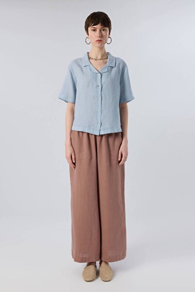 İpekçi Otantik Short Sleeve Linen Women's Shirt with Horizontal Collar