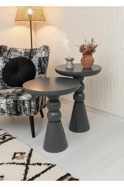 ASELYA HOME Doğal Ahşap 2’li Set Antrasit Mantar Yan Sehpa Modern Fiskos Zigo...