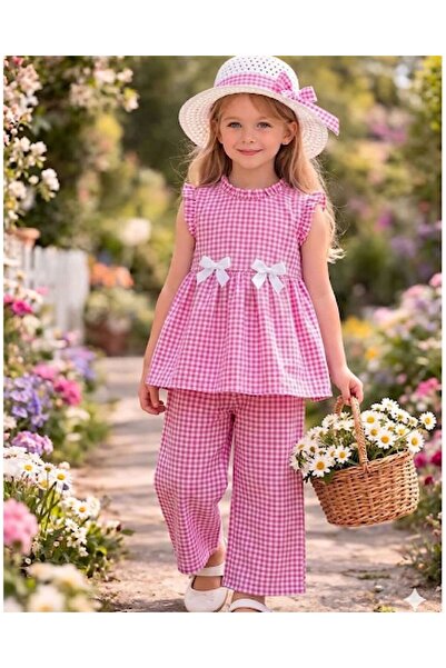 KOZADANKIDS Kız çocuk pötikareli takım-şapkalı yazlık 3 lü set