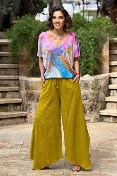 Nevin Kaya Moda Παντελόνι Παλάτσο από Μουσελίνα σε Πράσινο Φιστικί Χρώμα