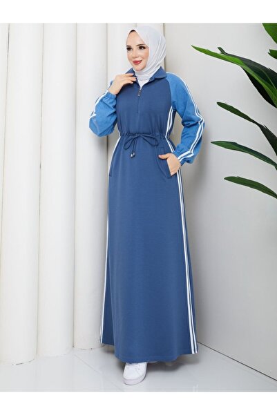 moda4b فستان رياضي نسائي من القطن بخيطين وأكمام من الدنيم مع أربطة n-05490 _ بترولي