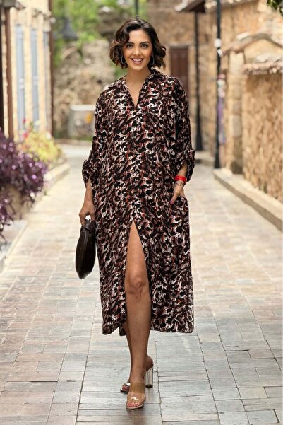 Nevin Kaya Moda Μαύρο χάλκινο φόρεμα με σχέδιο λεοπάρ