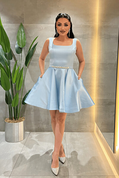 giyimmasalı Satin Fabric Drawstring Back Mini Dress - Baby Blue