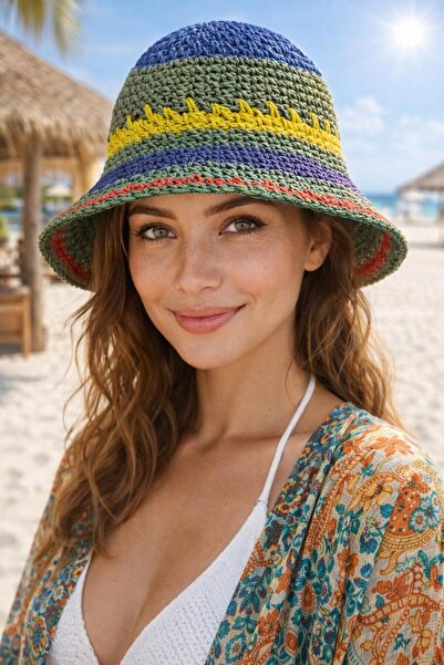 HAZAL KAYA ATELIER Green Striped Colorful Hand Knitted Bucket Women's Hat
