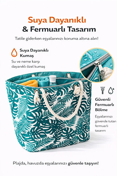 YUYİ FERMUARLI İÇİ ASTARLI TROPİKAL YAPRAK DESENLİ BÜYÜK BOY PLAJ ÇANTASI 67018