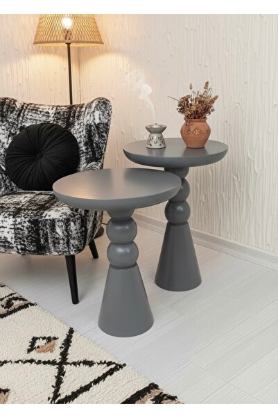 ASELYA HOME Doğal Ahşap 2’li Set Koyu Gri Mantar Yan Sehpa Modern Fiskos Zigo...