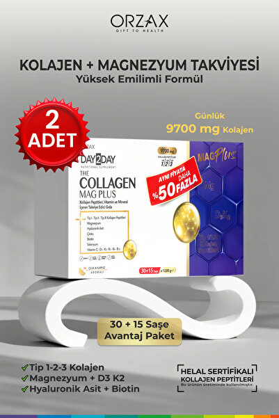 DAY2DAY Collagen Mag Plus 9700 mg Kolajen + Magnezyum + D3 K2 + Biotin 45 Saş...