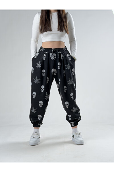 COCOPELLI Γυναικείο πλισέ σαλβάρι με σχέδιο κρανίου και φύλλα COCK0042