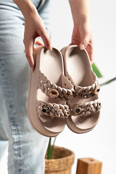 PLN SHOES Women's Stoned Knitted Patterned Mink Daily Beach Sea Pool Slippers